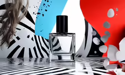 the top of a black and white bottle next to a colorful painted background