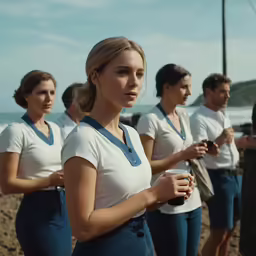 some women in white shirts standing on the beach