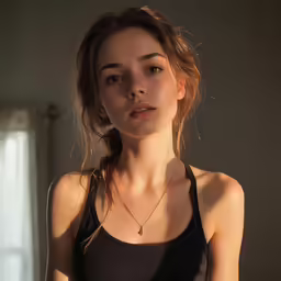 a woman sitting wearing a tank top posing for the camera