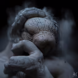 a large white hand holds the head and hands of a creature