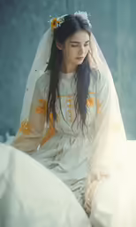 a woman dressed in white, posing on top of a bed
