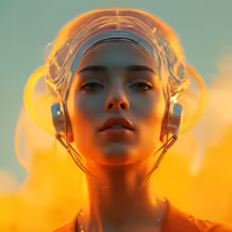 a girl with headphones against a cloudy sky