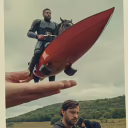 a person is holding out their hand near a toy man and a large surfboard