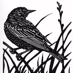 a bird sits on a branch in the grass,a bird sitting on top of a grass field