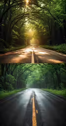 two pictures of a road and some trees