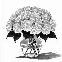 drawing of white hydrangea in a glass vase,the drawing shows a vase full of white flowers