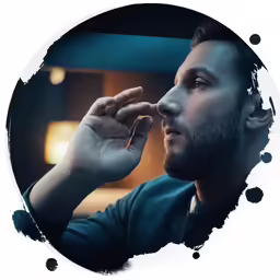man is holding his finger to the eye in front of a circle