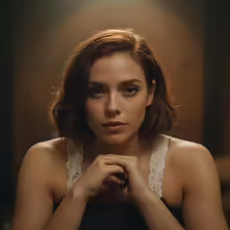 a close - up of the head and shoulders of a young woman with her hands folded behind her neck