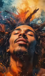 a man with long hair has his eyes closed while he looks up