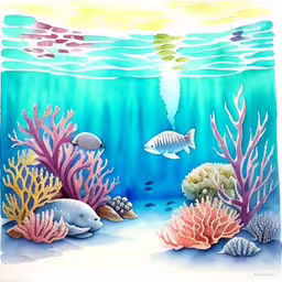 a painting of some sort underwater or sea life with corals and fish,a painting of some water plants and fish,painting of a coral reef with fish and an ocean bottom,a watercolor painting of corals and tropical reef,a painting of some sea life with some fish swimming