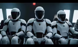 three people wearing robot - like suits and helmets