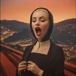 a woman wearing a nun outfit, screaming into the sky