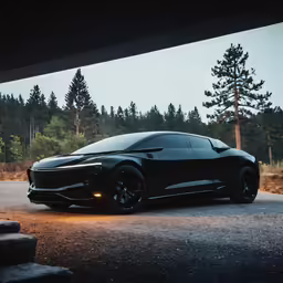black sports car parked at night in front of a building