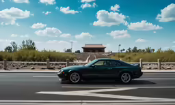 a green sports car driving down a road next to a field
