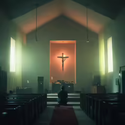 a man sitting in front of the pews of a church