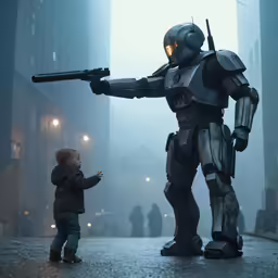 a little boy is standing near a giant robot holding a gun