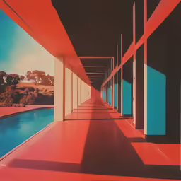 a hallway lined with columns next to a large swimming pool