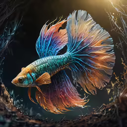 a blue and orange fish swimming in a tank