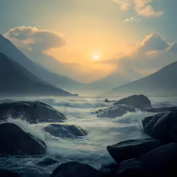 a rocky shoreline covered in water and a sunset