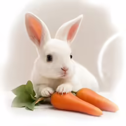 a bunny rabbit standing next to a small carrot