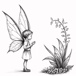 a child with butterfly wings next to plants