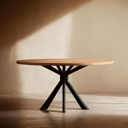 a wooden dining table on an area with tan walls
