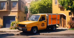 a yellow utility truck is parked in a lot,a yellow tow truck with two orange box trucks behind it