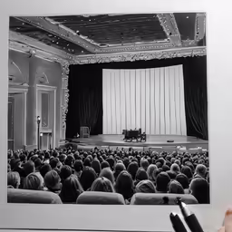 a man holding a black and white photo of an audience at a concert
