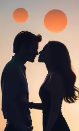 a man and a woman standing close to each other as the sun sets behind them
