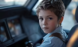the boy is riding in the car with his tie on