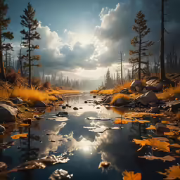 the sun peeks over the clouds above a marshy stream