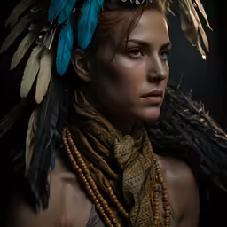 a young girl wearing headdress, feathers and beads