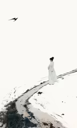 a painting of a woman in white and black standing on a snowy hill