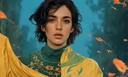 an image of a beautiful young woman in yellow and green clothes
