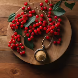 a bowl of red berries next to a tree branch