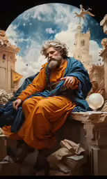 an old man in a robe is sitting down