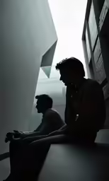 two guys sitting down talking on their cellphones