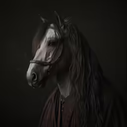 a horse with long hair wearing a leather jacket