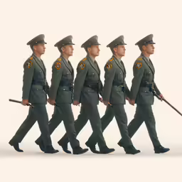 a row of soldiers marching down the street