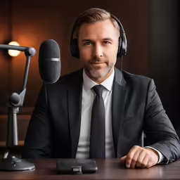 a man in a suit and headphones sitting at a table next to microphone