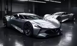 two gray sports cars in a warehouse with some lights on