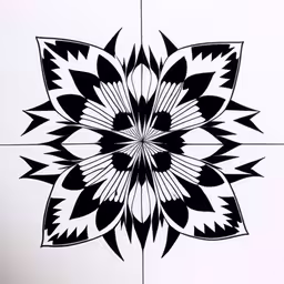 a large black and white flower on a white tile,the drawing is in progress to reveal an interesting design