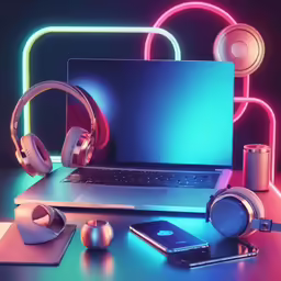 a laptop computer with headphones on the keyboard next to a mouse and an ipod