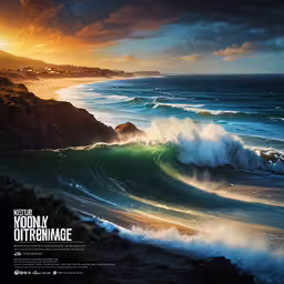 a picture of a beautiful sunset and a very pretty surf,the large wave is breaking into the shore