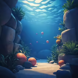 the image depicts a surreal underwater scene of an ocean with rocks, trees and plants