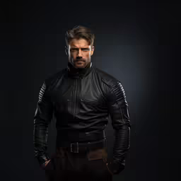 man standing with his hands on his hips in black leather jacket,a man in black leather jacket and brown pants