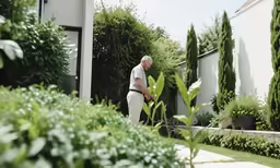 an older man gardening his house with no shoes on
