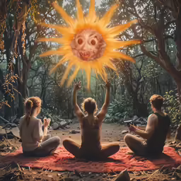 three people are sitting and praying in the forest with the sun shining overhead