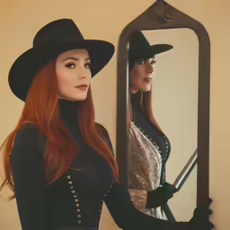 a woman in black is standing near a mirror