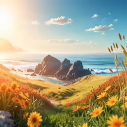 sun shines over an ocean with rocky cliffs and flowers
